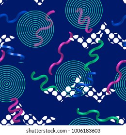 Vector seamless creative pettern with 3d geometric shapes in postmodernism style. Backgroun for  for print, textile, wear, magazines, template, card, poster, flyer design, brochure.