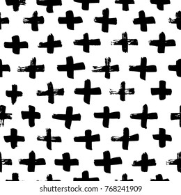 Vector seamless cross pattern. Abstract background with brush strokes. Monochrome hand drawn print. Hipster monochrome texture with crosses or pluses. 