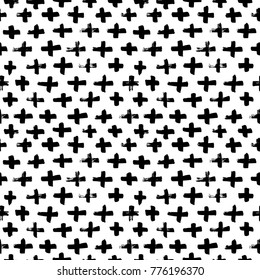 Vector seamless cross pattern. Abstract background with brush strokes. Monochrome hand drawn print. Hipster monochrome texture with crosses or pluses. 