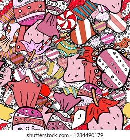 Vector. Seamless cupcake, fairy cake. For food poster design. Cute birthday pattern on white, pink and black.