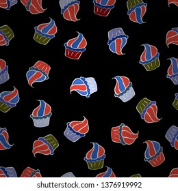 Vector. Seamless cupcake, fairy cake. Cute birthday pattern on black, red and blue. For food poster design.