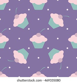 Vector seamless cupcake or muffin pattern in delicate, tender colors, pink, turquoise, violet, green, doted background. Vintage polka dot design for wrapping, textile,  wallpaper, website