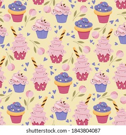 Vector seamless cupcake pattern decorated with hearts, background with floral elements for st. valentine day 