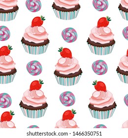Vector seamless with cupcake,muffin,cake and candy pattern. Strawberry dessert.