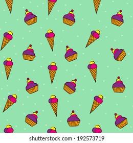 The vector seamless with cupcakes and ice-creams