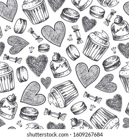 Vector seamless cupcakes, sweets, macaroons, hearts hand drawn pattern. Black and white vintage doodle background