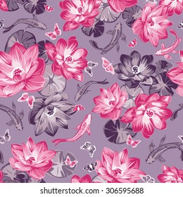 vector seamless cute artistic gentle lotus flower pattern, with carp fish and butterflies flying. romantic stylish background. spring summer mood