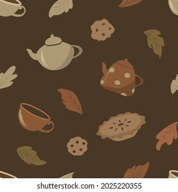 vector seamless cute autumn pattern with  foliage,  pie, cookies teapots, cups of coffee and cocoa. cozy pattern for printing on fabric, wrapping paper, wallpaper.