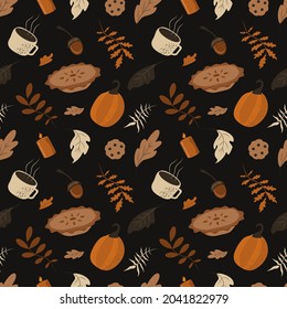 vector seamless cute autumn  pattern with pumpkins, foliage,  candles, pie, cups of coffee and cocoa. cozy pattern for printing on fabric, wrapping paper, wallpaper. thanksgiving day background