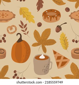vector seamless cute autumn pattern and pumpkins  foliage  donats  pie  cups coffee   acorn  cozy pattern for printing fabric  wrapping paper  wallpaper  thanksgiving day background