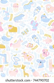 Vector seamless cute baby animals pattern