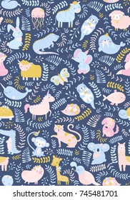 Vector seamless cute baby animals pattern