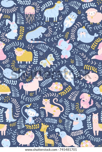 Vector Seamless Cute Baby Animals Pattern Stock Vector (Royalty Free ...