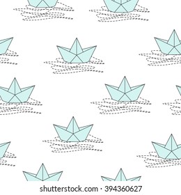 Vector seamless cute background with paper origami boat