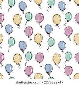 Vector seamless cute ballon pattern. White background, pastel elements, black outline