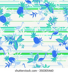 Vector seamless cute beautiful artistic experimental tropical pattern. Paradise, stripes, flamingos, flower, palms, pineapple, leaf, spring, summer time, holidays, bright, sporty background, colorful.