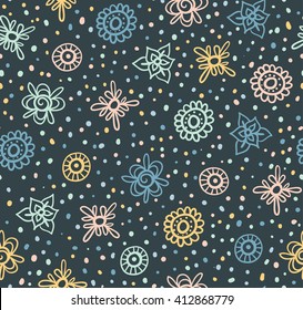 Vector seamless cute beautiful minimalistic graphical flower pattern. Indian paisley motifs, gentle romantic background, floral print, regular, geometric, dots.
