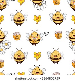 Vector seamless with cute bees and flowers, honey isolate on a white background in cartoon sketch style. Sutable for printing on t-shirts, lovely childish designs, paper, textile, scrapbooking, fabric
