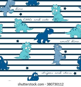 vector seamless cute cartoon funny hand drawn little dinosaur pattern with stripes, stars, words, hand writings, colorful blue horizontal background print.