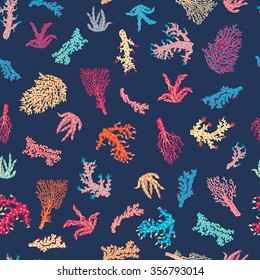 vector seamless cute cartoon graphical corals pattern. underwater world, sea world, sea coral, reefs, ocean creatures, bright, colorful, fantasy background.