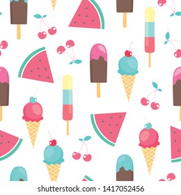 vector seamless cute cartoon summer pattern with ice cream, watermelon slices, cherry, popsicle. Summer vector background
