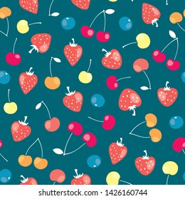 vector seamless cute cartoon summer pattern with berries: cherry, strawberry, blueberry. Vector background with berries