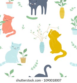 Vector seamless cute cats and plants pattern