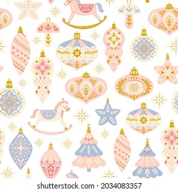 Vector Seamless Cute Christmas Pattern with Christmas Ornaments in Pastel Colors