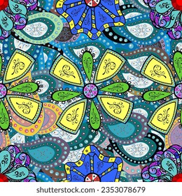 Vector seamless cute flower pattern. Spring summer time. Holidays mood. Gentle romantic print. Flowers on pleasant colors. Paisley. Blue, yellow, green.