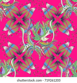 Vector seamless cute flower pattern. Holidays mood. Spring summer time. Flowers on magenta, neutral and green colors. Gentle romantic print.