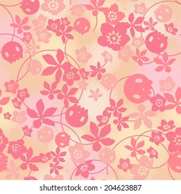 vector seamless cute flowers and skull bitmap dots and circles print