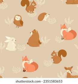 Vector Seamless Cute Forest Animals Pattern