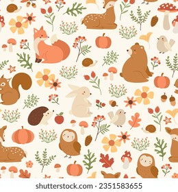 Vector Seamless Cute Forest Animals and Plants Pattern