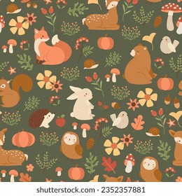 Vector Seamless Cute Forest Animals and Plants Pattern