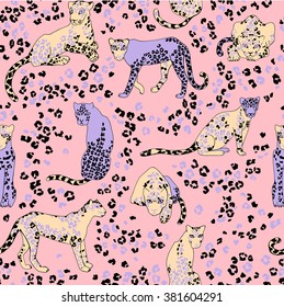 vector seamless cute funny artistic hand drawn graphical leopard pattern, summer time, savannah creatures, bright spots, leopard skin dots, modern stylish wild nature background print