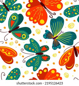 vector seamless cute gentle butterfly pattern with tropical flowers, leaves. spring summer mood. colorful, romantic print. hand drawn design.