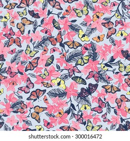 vector seamless cute gentle butterfly pattern with tropical flowers, leaves. spring summer mood. colorful, romantic print. hand drawn design.