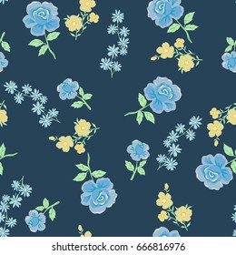 vector seamless cute gentle floral pattern, roses flower with leaves, chamomile, cornflower.