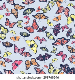 Vector seamless cute graphical artistic hand drawn butterfly pattern. Spring summer time. Colorful tropical background. 