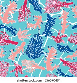 Vector seamless cute graphical artistic underwater flora pattern. Corals, coral, reefs, sea, ocean, bright, cartoon, beautiful, fantasy, artistic background. 