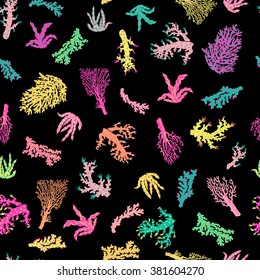 vector seamless cute graphical artistic hand drawn coral reefs pattern, bright, unusual colorful original fantasy underwater world, sea creatures, stylish modern corals background print