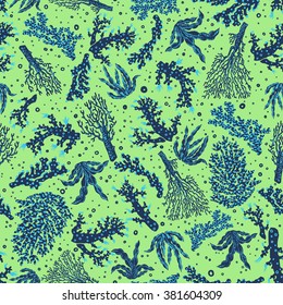 vector seamless cute graphical artistic hand drawn coral reefs pattern, bright, unusual colorful original fantasy underwater world, sea creatures, stylish modern corals background print