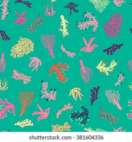 vector seamless cute graphical artistic hand drawn coral reefs pattern, bright, unusual colorful original fantasy underwater world, sea creatures, stylish modern corals background print