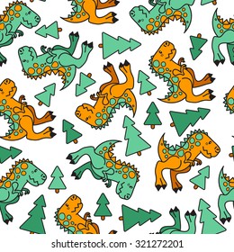 vector seamless cute graphical cartoon dinosaur pattern. childhood design. fantastic little dino