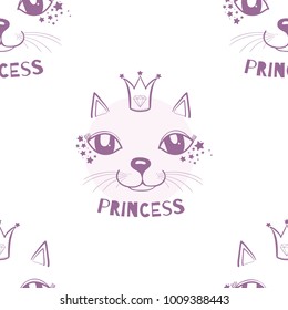 Vector seamless cute graphical cats print, muzzle, mustache, ears, crown, eyes Hand draw