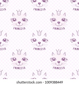 Vector seamless cute graphical cats print, muzzle, mustache, ears, crown, eyes Hand draw