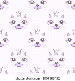 Vector seamless cute graphical cats print, muzzle, mustache, ears, crown, eyes Hand draw
