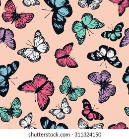 vector seamless cute graphical flying butterflies pattern. spring, summer. colorful tropical beauties.