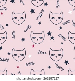 Vector seamless cute graphical minimalistic cat print with stars and words