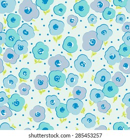 Vector seamless cute graphical minimalistic flower pattern with leaves, dots, summer time. 